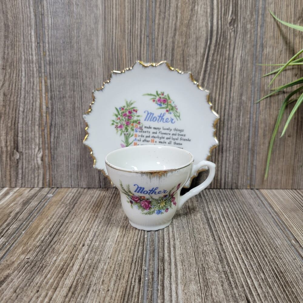 Vintage Demitasse Mother Teacup Saucer Set Floral Poem Japan Mid Century Gift